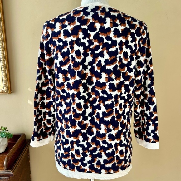 Ann Taylor Leopard Wool Blend Sweater Crew Neck 3/4 Sleeve Navy Brown Cream L - Picture 6 of 10